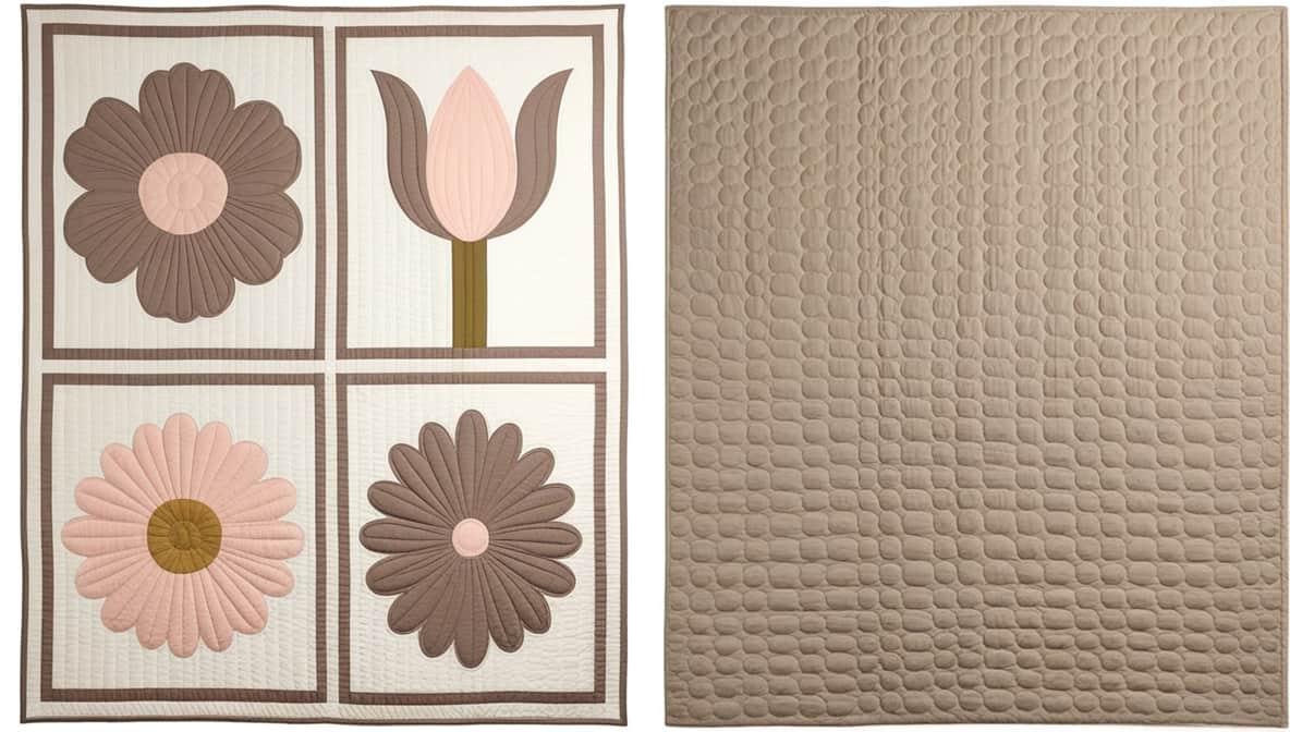 Bloom Panels Pebble Stitch Quilt - Floral Applique Reversible Bedcover