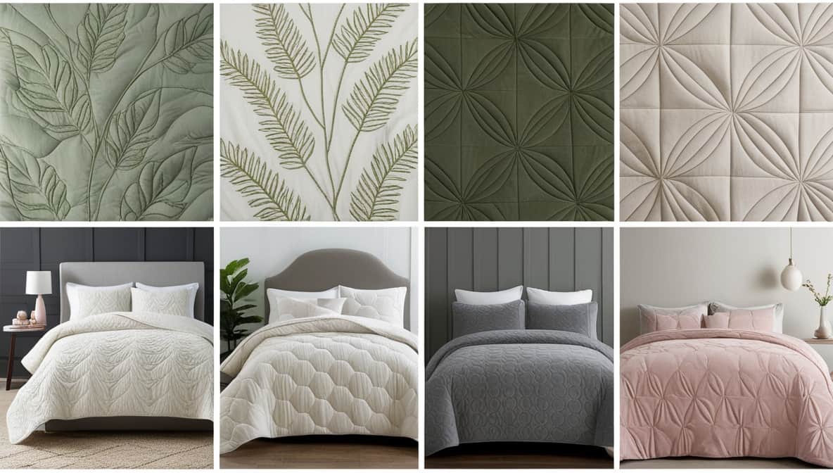 Sculpted Stitch Quilt Set - Tonal Leaf & Geometric Reversible Bedcover