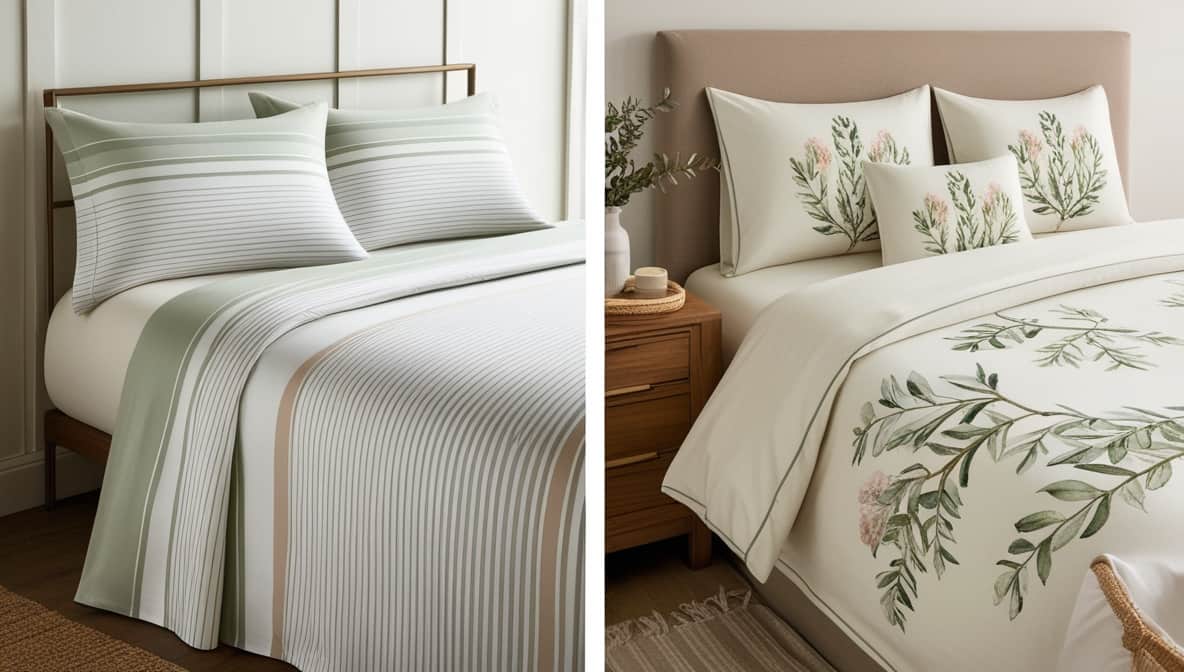 Linear Luxe Bedsheet Set - Stripe & Botanical Printed Cotton Bedding