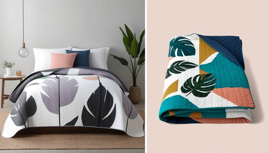 Monstera Splash Reversible Quilt - Tropical Leaf & Geometric Bedcover