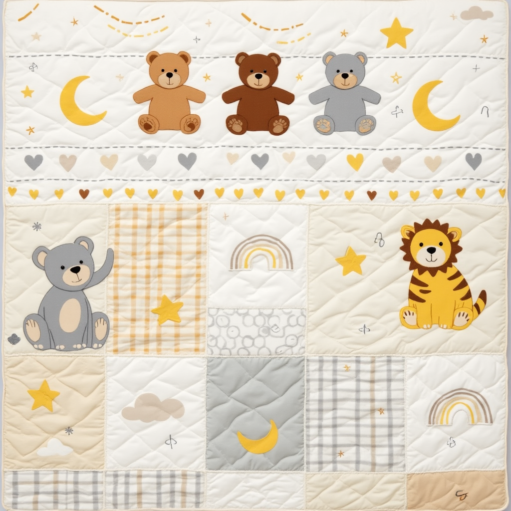 Teddy Hugs Quilt - Kids Patchwork Baby Bedcover with Animal Applique