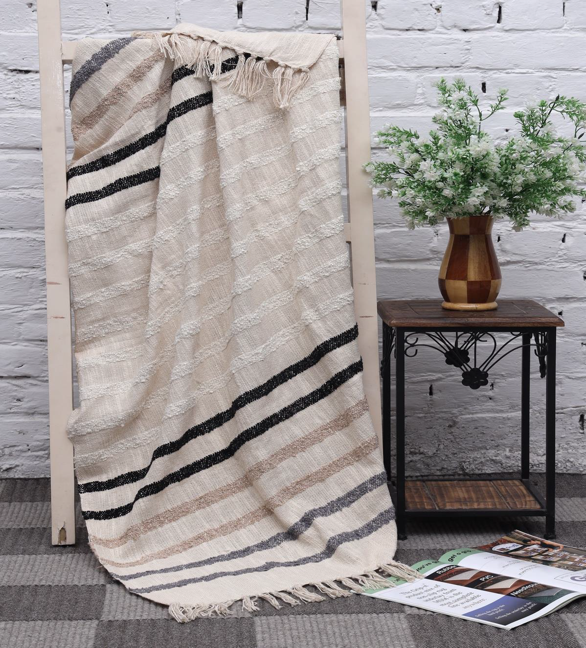 Handwoven Cotton Polyester Throw Ivory Multi Stripe