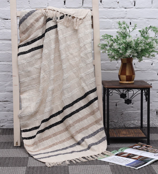 Handwoven Cotton Polyester Throw Ivory Multi Stripe