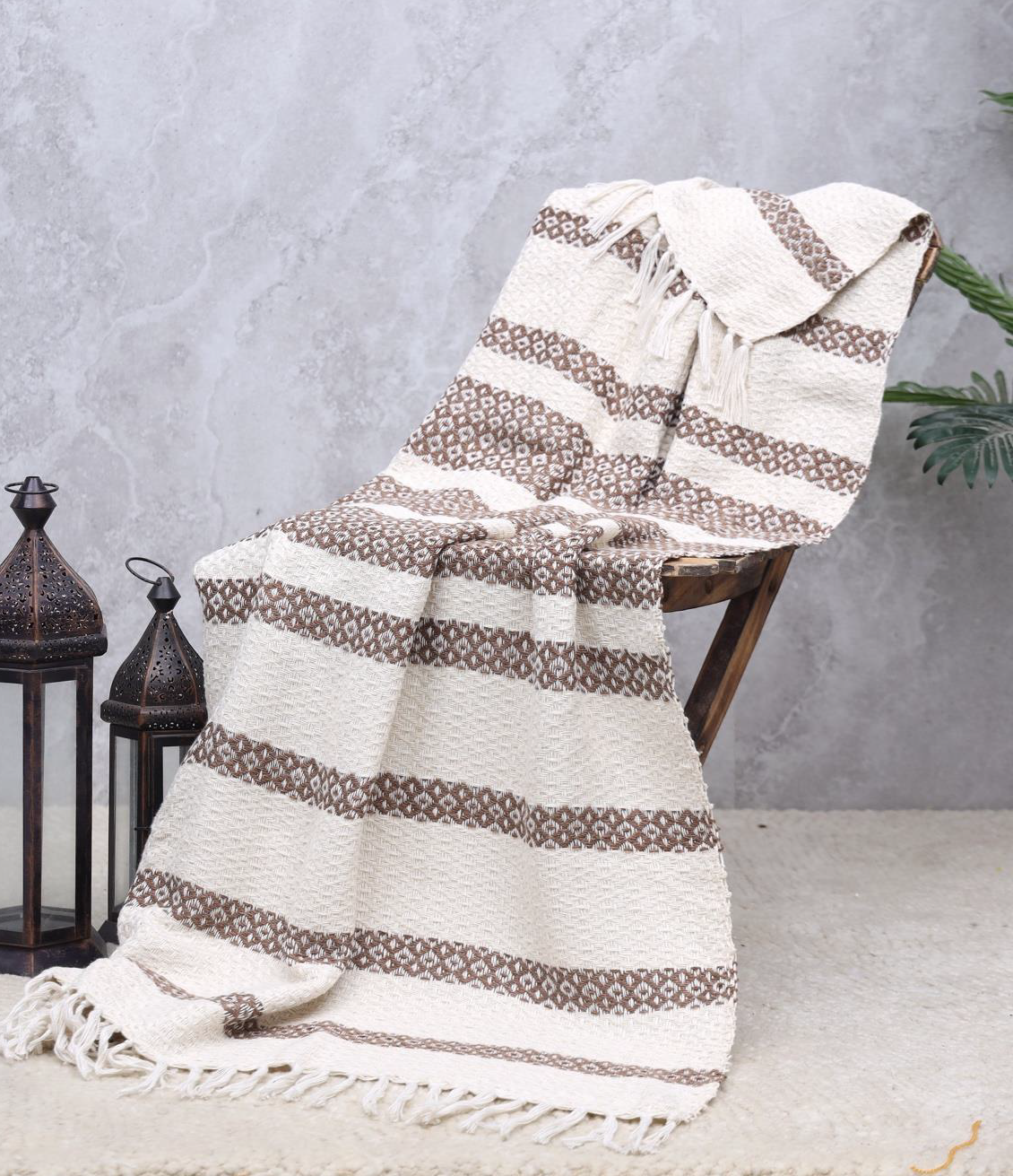 Handwoven PET Yarn Throw Ivory Brown Diamond Stripe