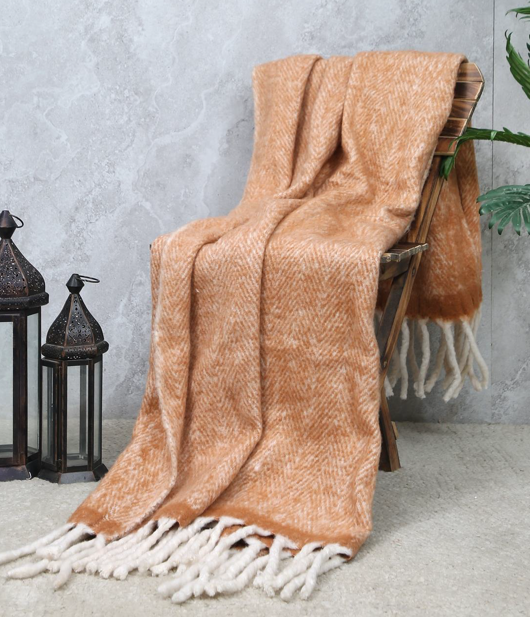 Acrylic Polyester Herringbone Throw Camel