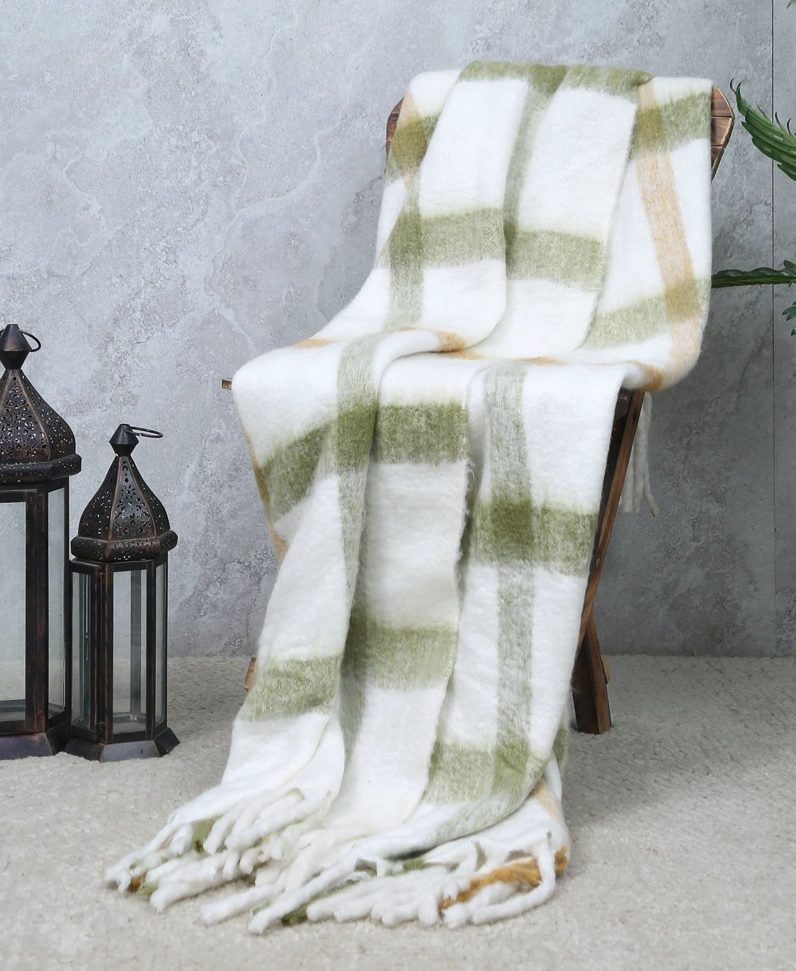 Cotton Acrylic Check Throw Ivory Green Mustard