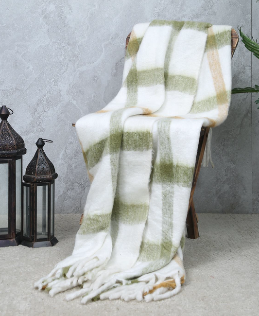 Cotton Acrylic Check Throw Ivory Green Mustard