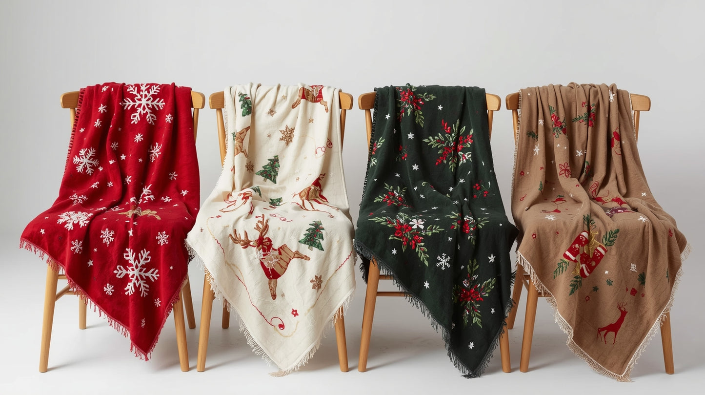 Christmas Printed Throw Ivory Reindeer Pine