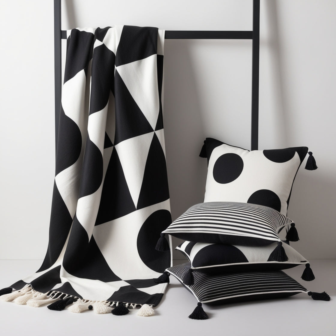 Geometric Monochrome Throw Black White Tassel