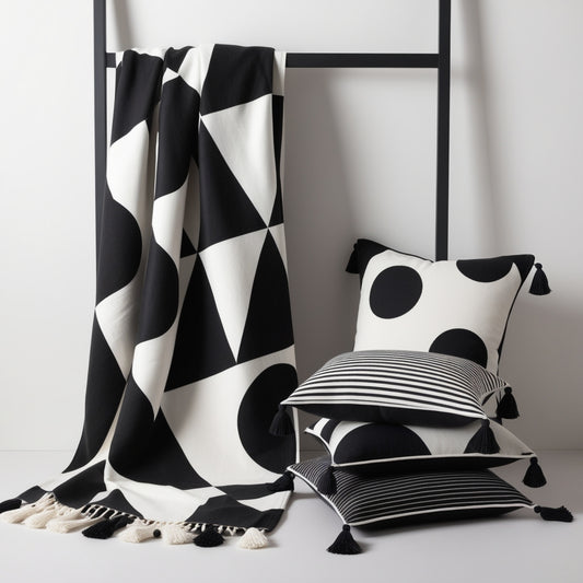 Geometric Monochrome Throw Black White Tassel