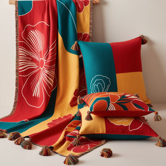 Botanical Floral Throw Red Yellow Teal Tassel