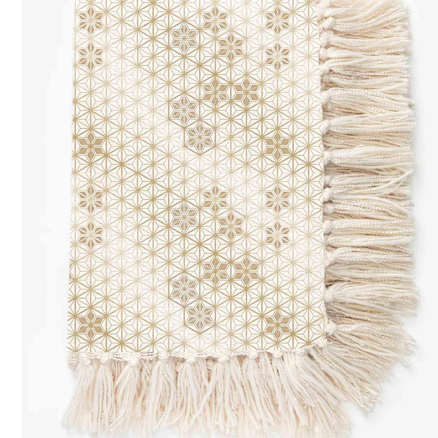 Gold Foil Print Throw Ivory Star Geometric 4-Side Fringe