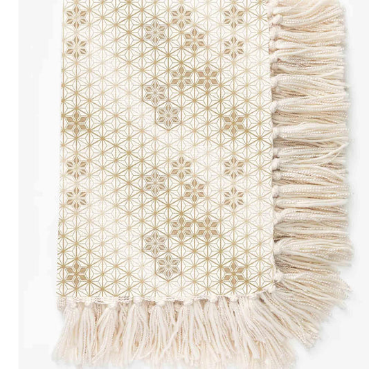 Gold Foil Print Throw Ivory Star Geometric 4-Side Fringe