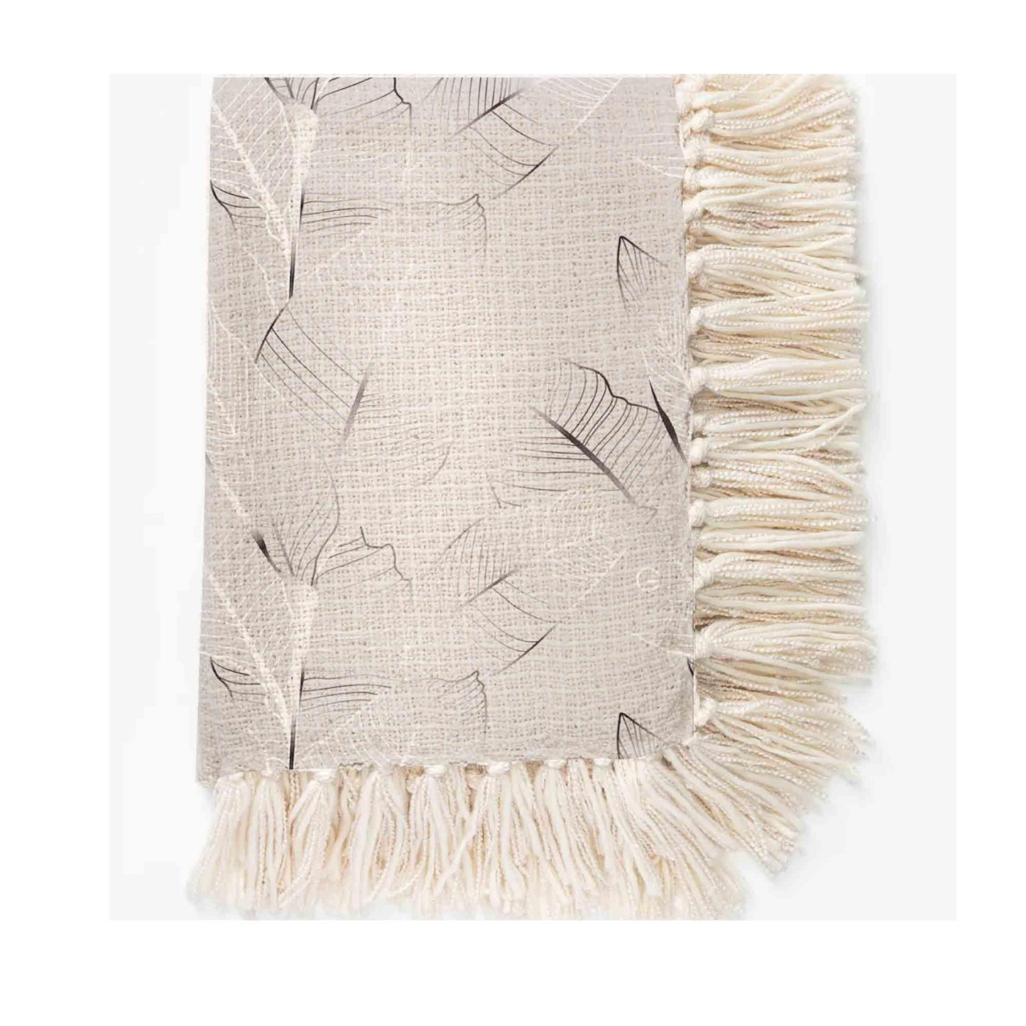 Silver Foil Print Throw Ivory Leaf 4-Side Fringe