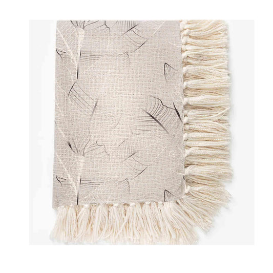 Silver Foil Print Throw Ivory Leaf 4-Side Fringe