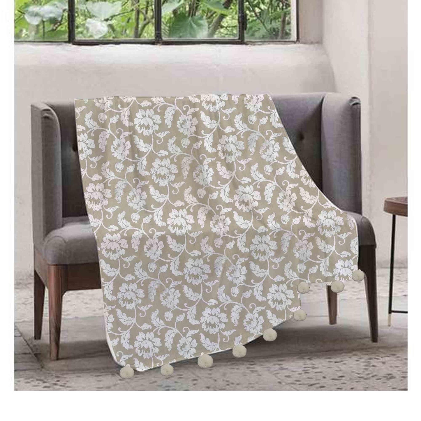 Silver Foil Print Throw Ivory Floral Vines Pom Pom
