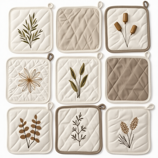 Botanical Sketch Pot Holder Set A - Quilted Cotton Pot Holders with Embroidery