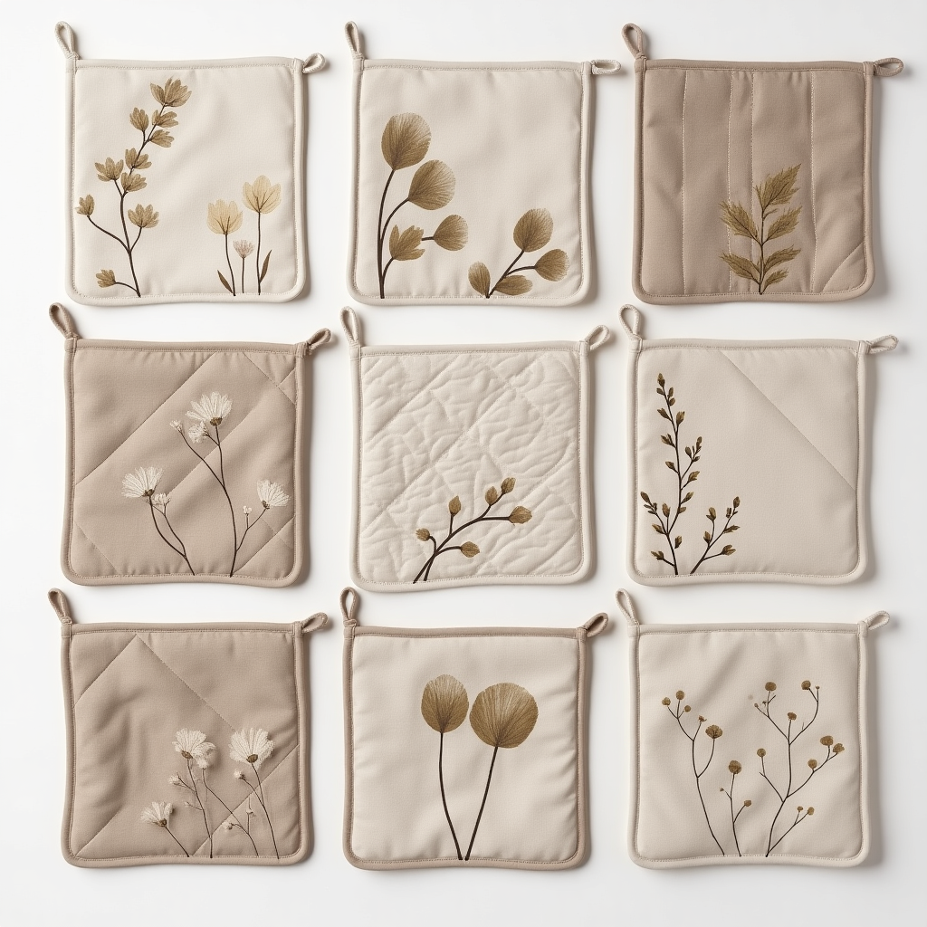 Botanical Sketch Pot Holder Set B - Neutral Tone Quilted Cotton Holders