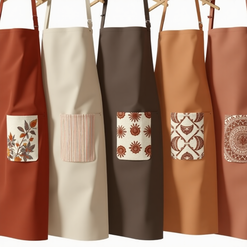 Earthy Solid Apron with Block Print Pocket - Ethnic Motif Kitchen Apron