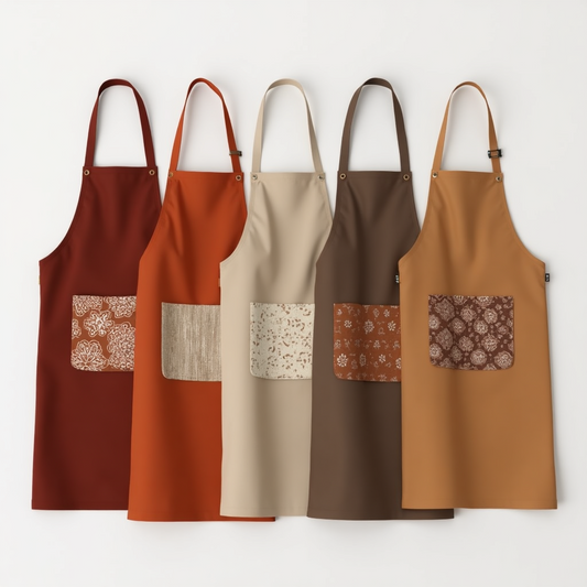 Warm Tone Solid Apron with Block Print Pocket - Bib Apron with Buttons
