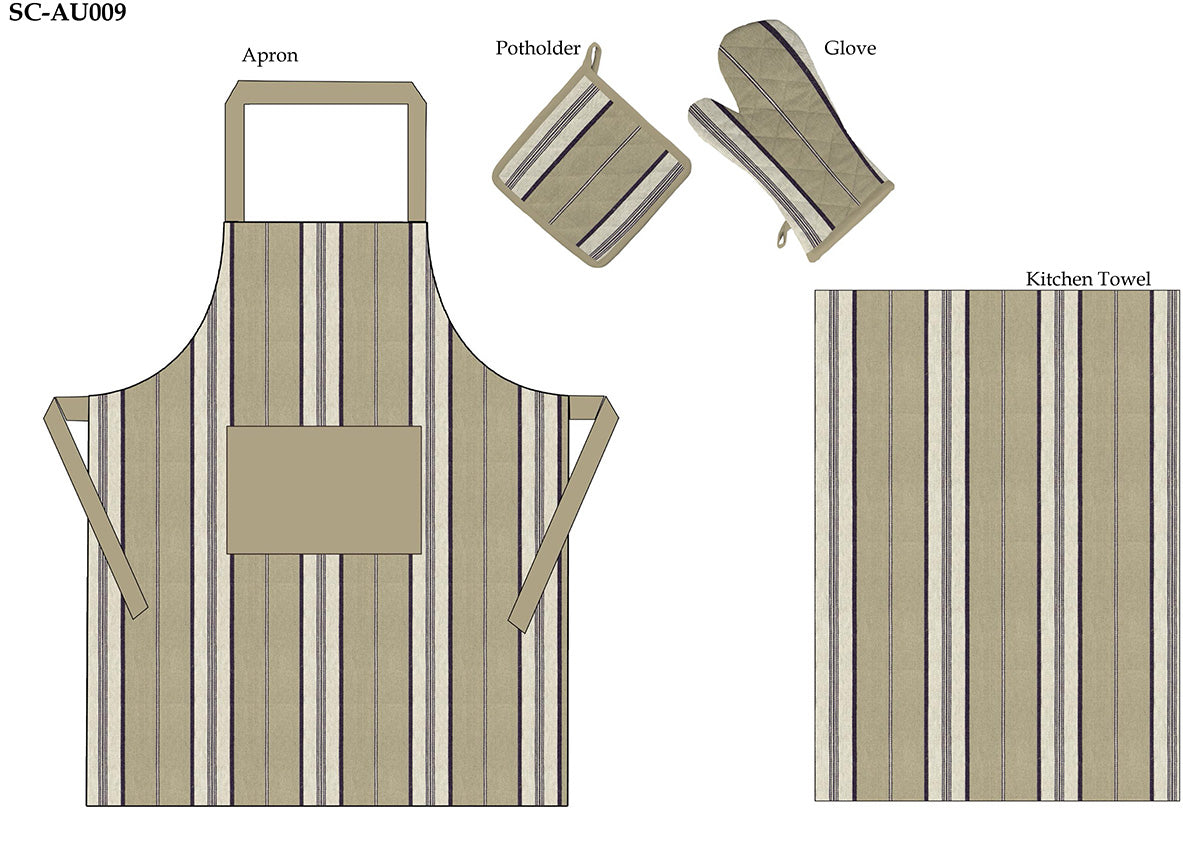 SC-AU009 Sage Stripe Kitchen Set - Apron, Pot Holder, Oven Glove & Kitchen Towel