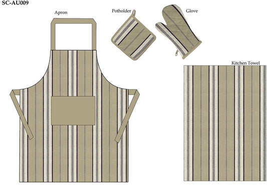 SC-AU009 Sage Stripe Kitchen Set - Apron, Pot Holder, Oven Glove & Kitchen Towel