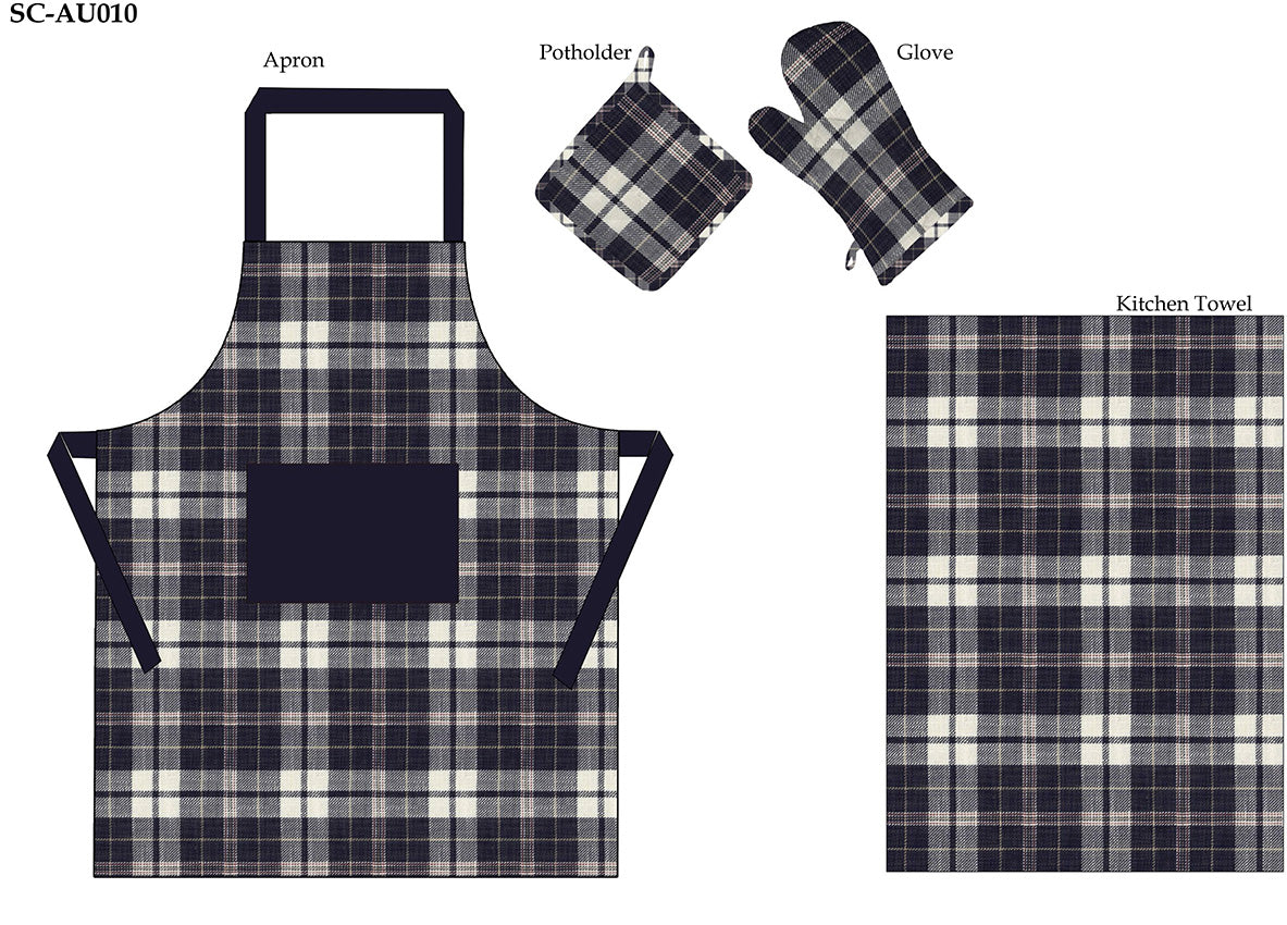 SC-AU010 Tartan Check Kitchen Set - Apron, Pot Holder, Oven Glove & Kitchen Towel