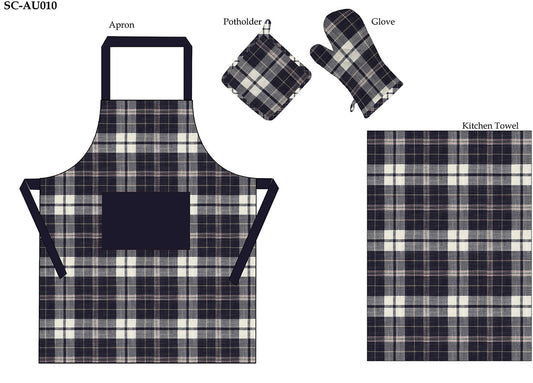 SC-AU010 Tartan Check Kitchen Set - Apron, Pot Holder, Oven Glove & Kitchen Towel