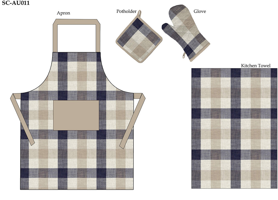 SC-AU011 Buffalo Check Kitchen Set - Apron, Pot Holder, Oven Glove & Kitchen Towel