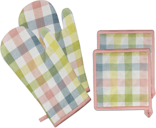 Pastel Rainbow Check Oven Mitt & Pot Holder Set - Multicolour Kitchen Linen