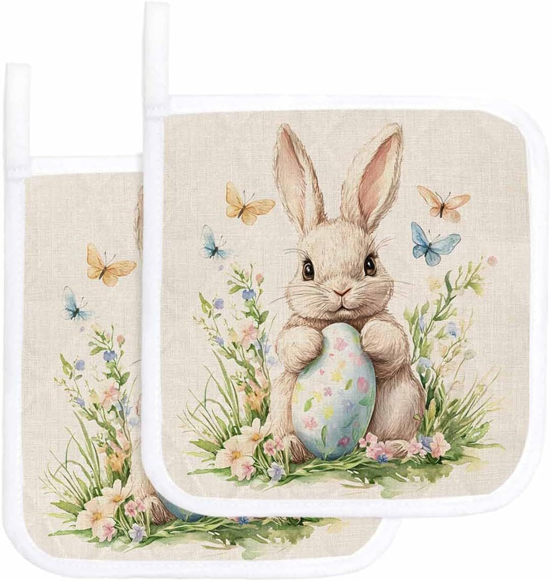 Easter Bunny Pot Holder Set - Watercolour Print Quilted Kitchen Holders
