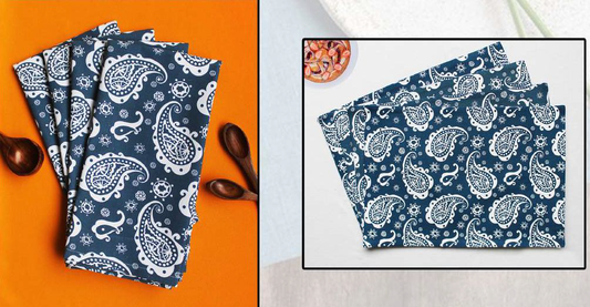 Blue Paisley Kitchen Towel / Table Napkin - Printed Cotton Dining Linen