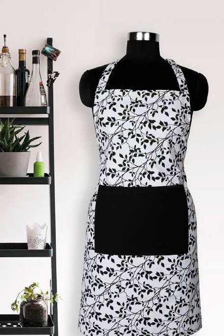 Black Vine Leaf Apron - Printed Cotton Kitchen Apron