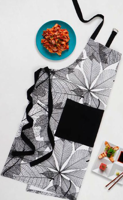 Black Skeleton Leaf Apron - Bold Print Cotton Kitchen Apron