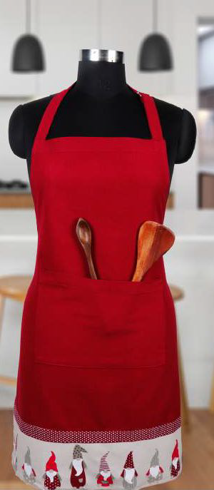 Christmas Gnome Apron - Festive Red Kitchen Apron with Gnome Print Border