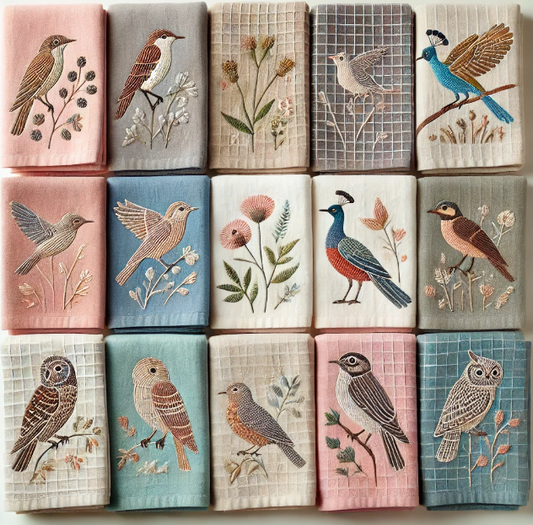 Bird & Botanical Embroidered Kitchen Towel Collection - Multicolour Cotton Towels