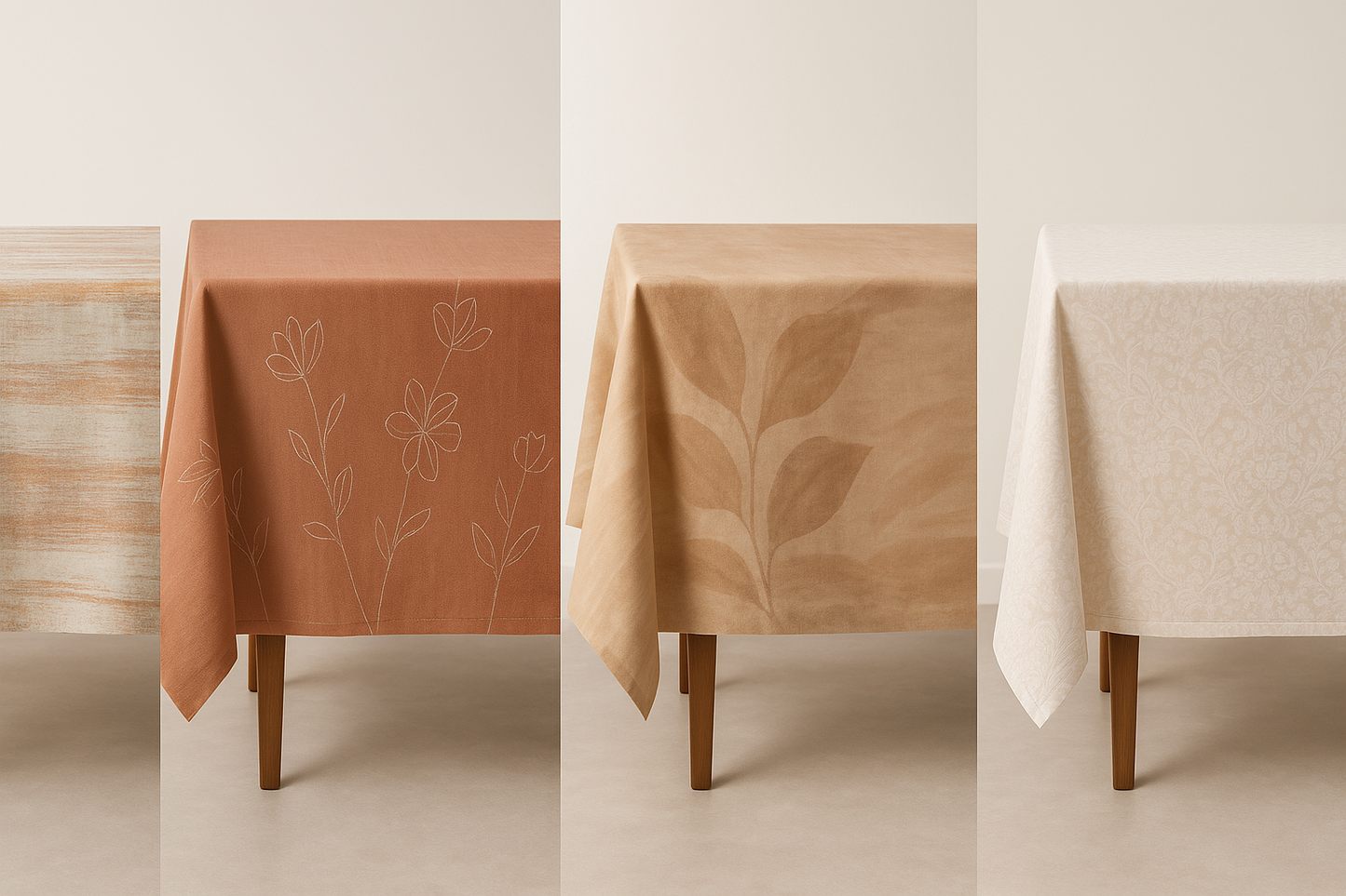 Terracotta Floral Embroidery Tablecloth Set – 3 Designs | Leaf Jacquard & Ivory Damask | Boho Dining Table Cover