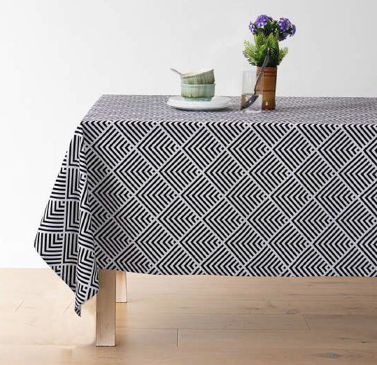 Black White Geometric Tablecloth – Diamond Stripe Print | Modern Scandi Dining Table Cover