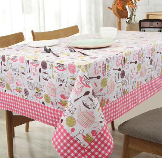 Tea Time Novelty Print Tablecloth – Pink Gingham Border | Whimsical Kitchen Café Table Cover