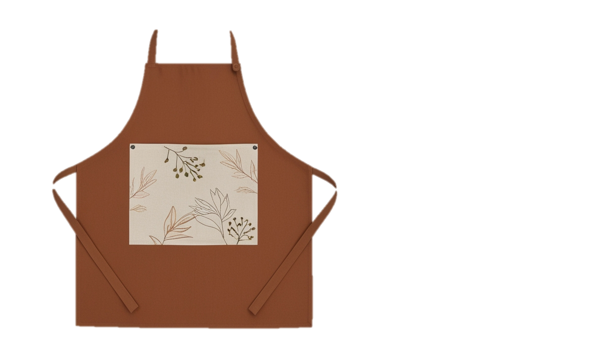 Terracotta Bib Apron with Botanical Embroidered Pocket Panel – Adjustable Kitchen Apron
