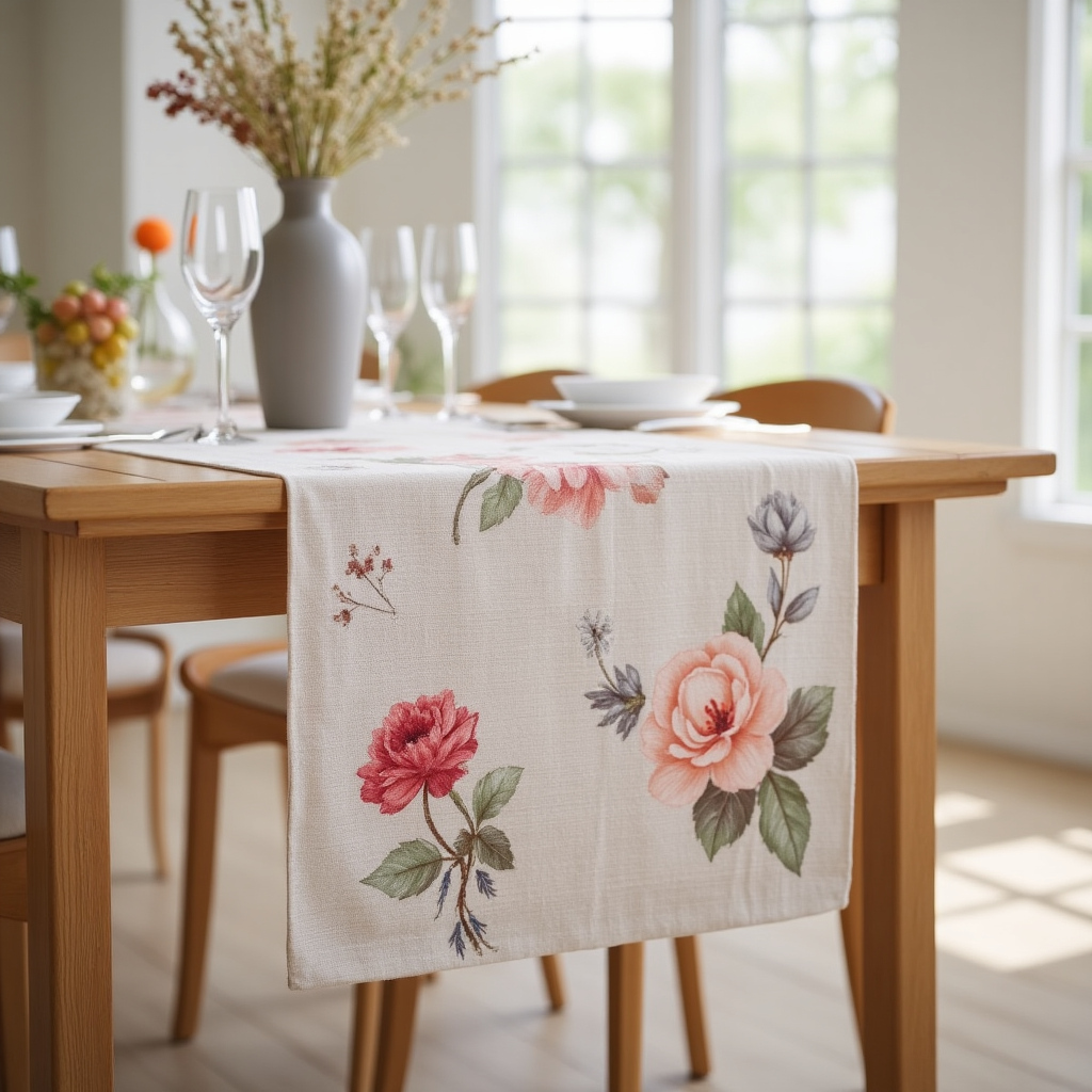 Ivory Linen Floral Rose Table Runner – Botanical Watercolour Print | Elegant Dining Table Decor