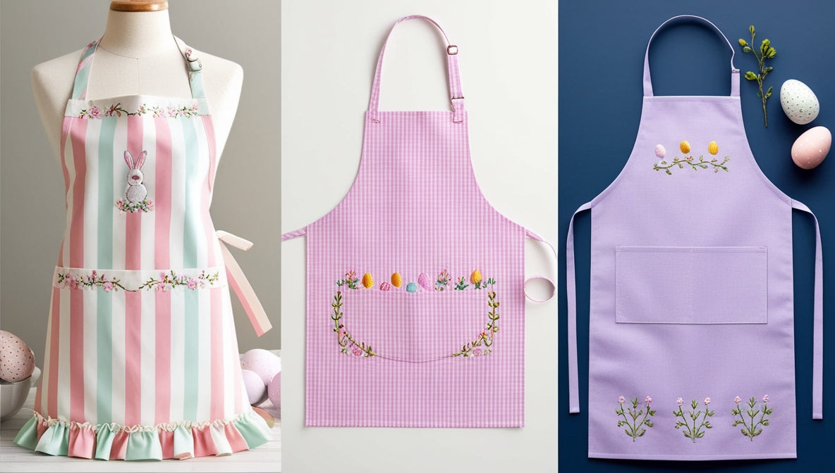 Easter Spring Kitchen Apron Set – 3 Styles: Stripe Bunny / Pink Gingham / Lavender Embroidered