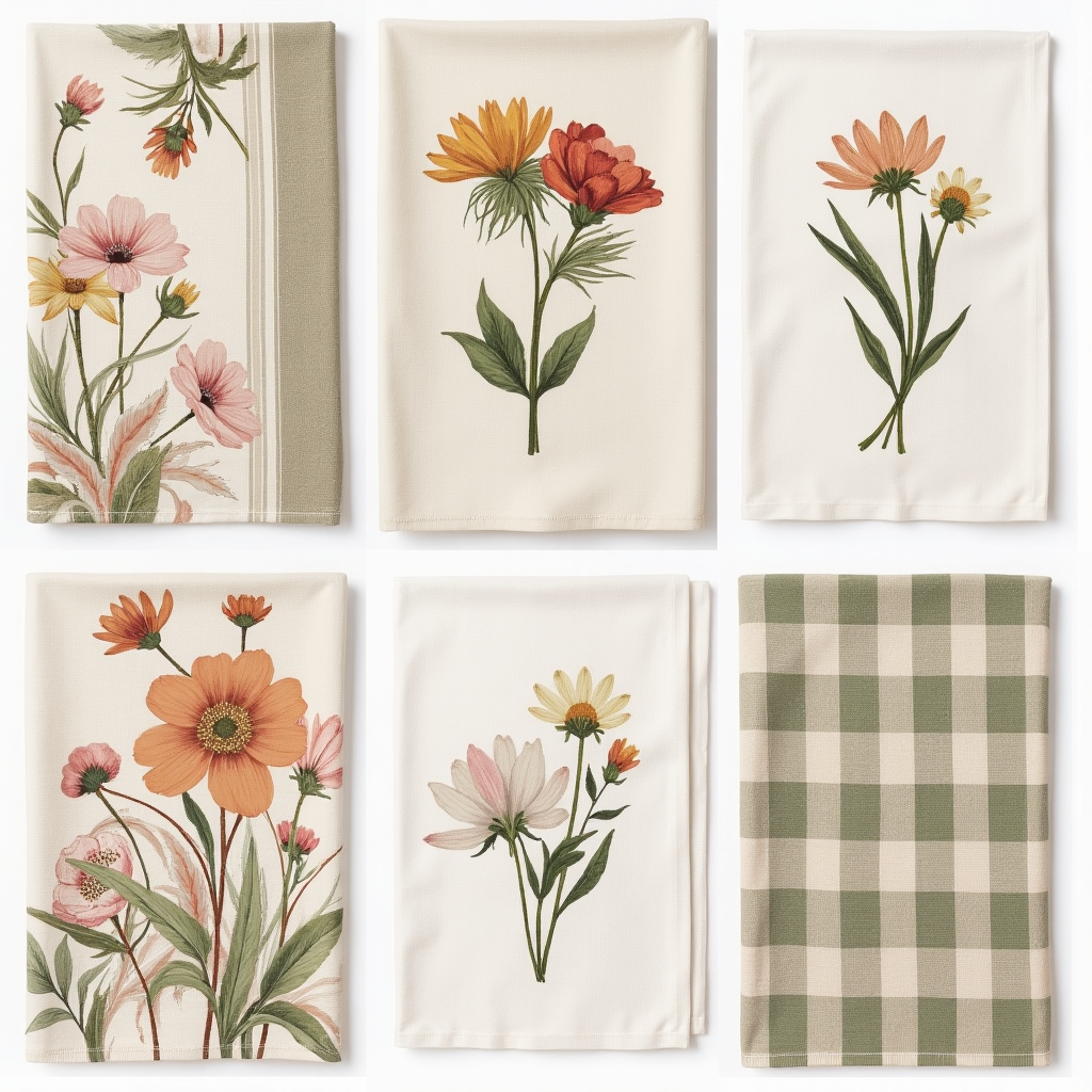 Botanical Wildflower Kitchen Tea Towel Set – 6 Designs | Printed & Woven Linen Kitchen Towels