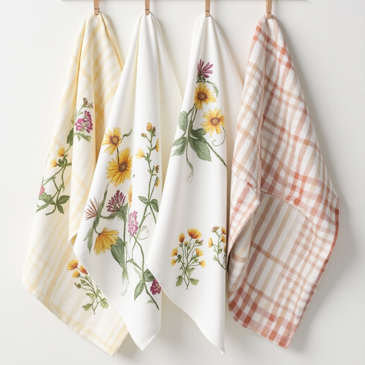 Botanical Kitchen Towel Hanging Set – 4 Pieces | Yellow Stripe Daisy Print & Gingham | Linen Tea Towels