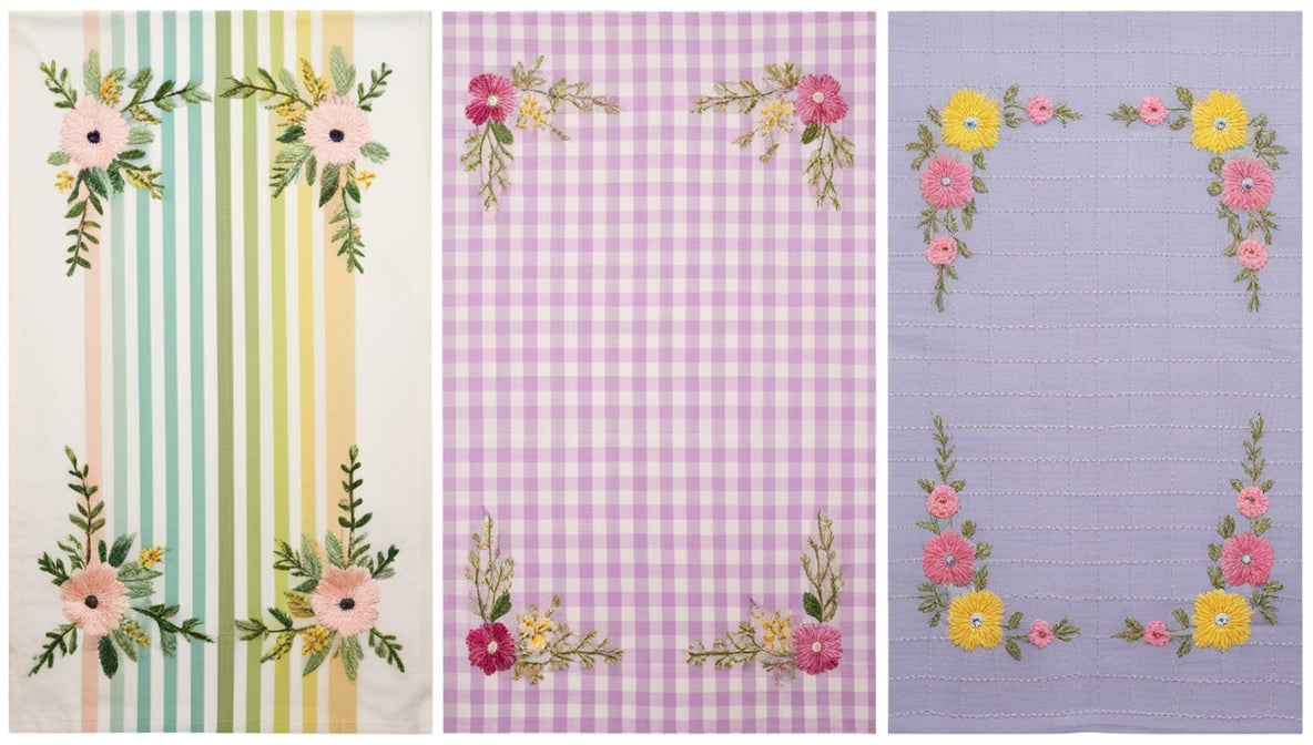 Embroidered Spring Tea Towel Set – 3 Designs | Stripe Gingham Lavender with Floral Border Embroidery