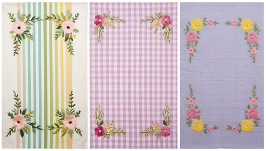 Embroidered Spring Tea Towel Set – 3 Designs | Stripe Gingham Lavender with Floral Border Embroidery