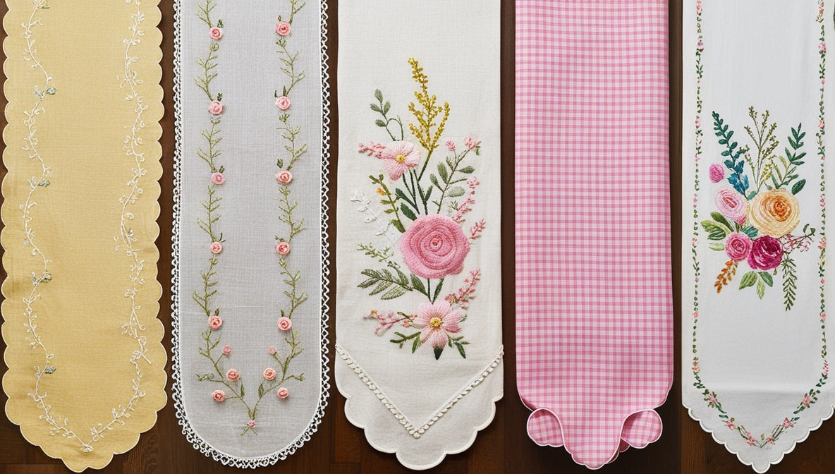 Embroidered Table Runner Collection – 5 Styles | Rose Bouquet Yellow Scallop Pink Gingham Floral
