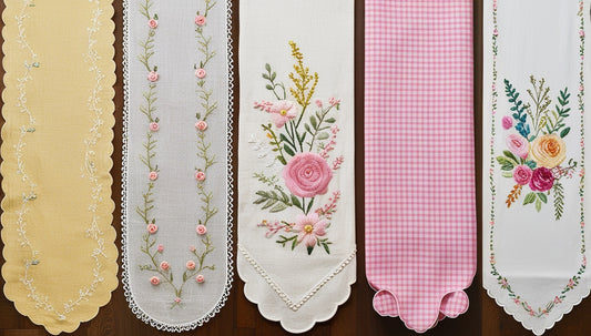Embroidered Table Runner Collection – 5 Styles | Rose Bouquet Yellow Scallop Pink Gingham Floral