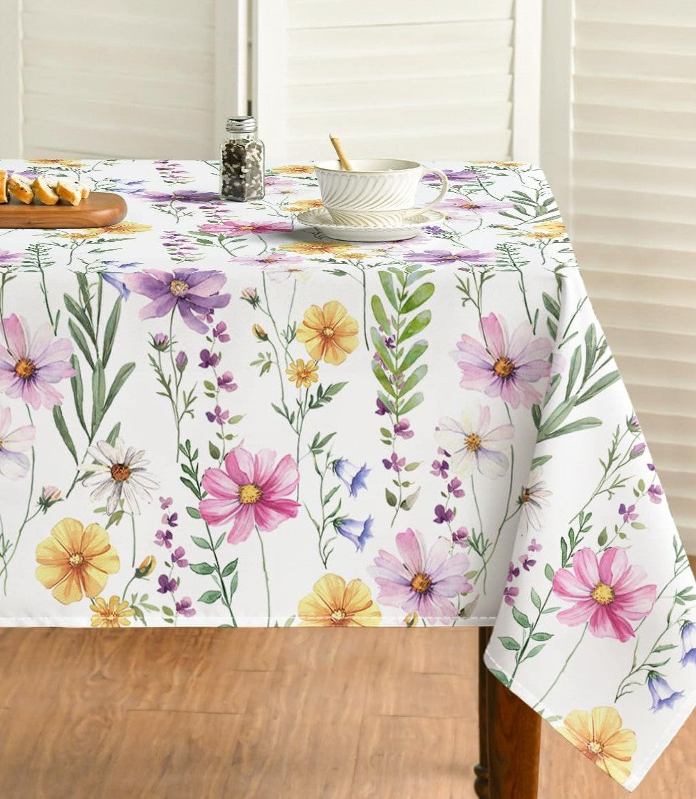 Wildflower Meadow Print Tablecloth – Watercolour Floral on White | Spring Dining Table Cover