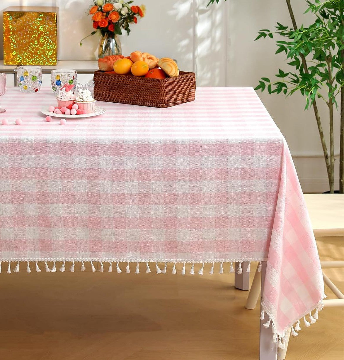 Pink Gingham Check Tablecloth with White Tassel Fringe – Cotton Dining Table Cover